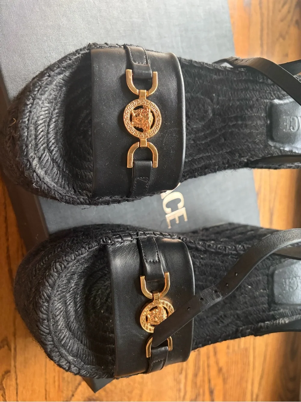 Versace Black Platform Espadrille Sandals with Gold Medusa Medallion Accent